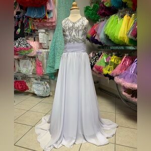 Childs Size 10/12 Long White Beaded Pageant Princess Formal Gown Dress